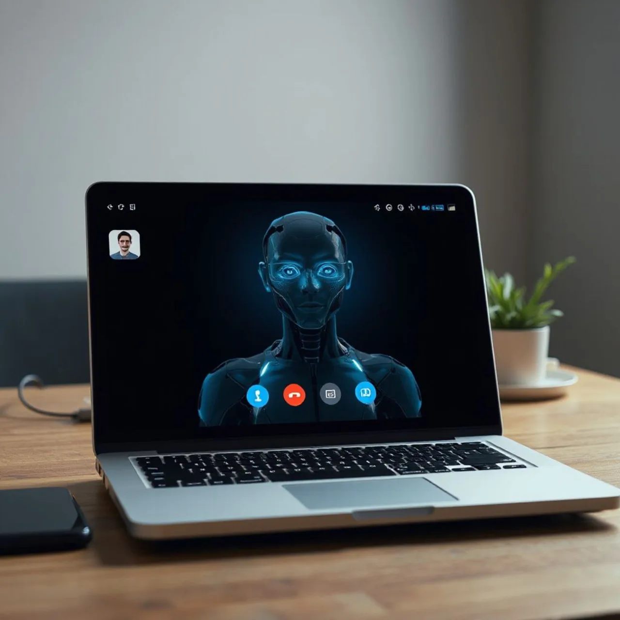 Tela de Mac exibindo o Muse AI com ícone de videochamada ao lado do logo da Meta