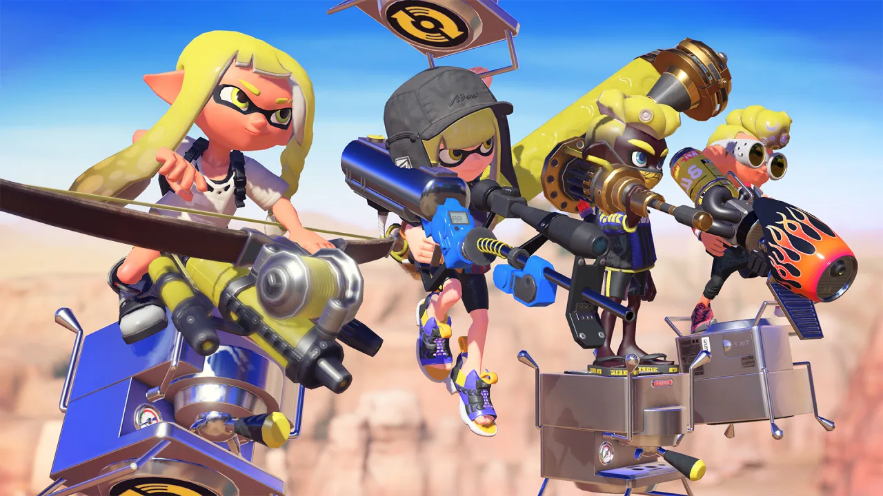 Jovem em agachamento, camiseta Inkling, segurando o livro de arte de Splatoon 3 ao lado de halteres