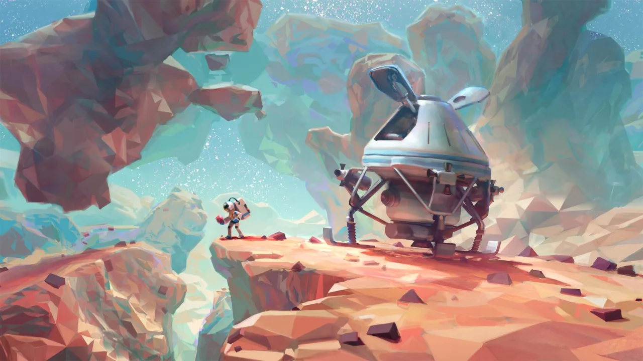 Astronauta em traje futurista ao lado de um rover, analisando rochas coloridas sob um céu estrelado em planeta alienígena