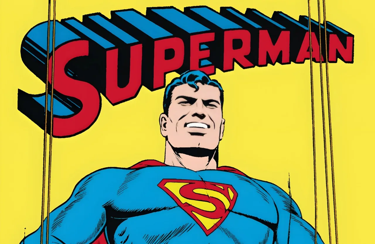 Tabuleiro vintage de 1940 do Superman Speed Game, com capa ilustrada do herói e duas assinaturas de Joe Shuster visíveis