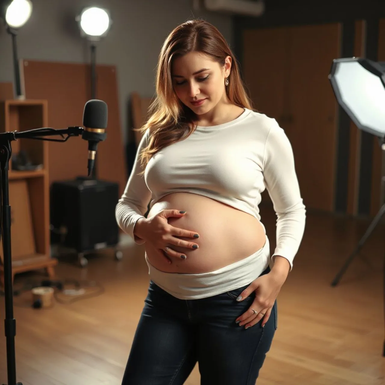 Nichika Ōmori aparece sorrindo, com a mão sobre a barriga, ao lado de um bolo de aniversário e notas musicais