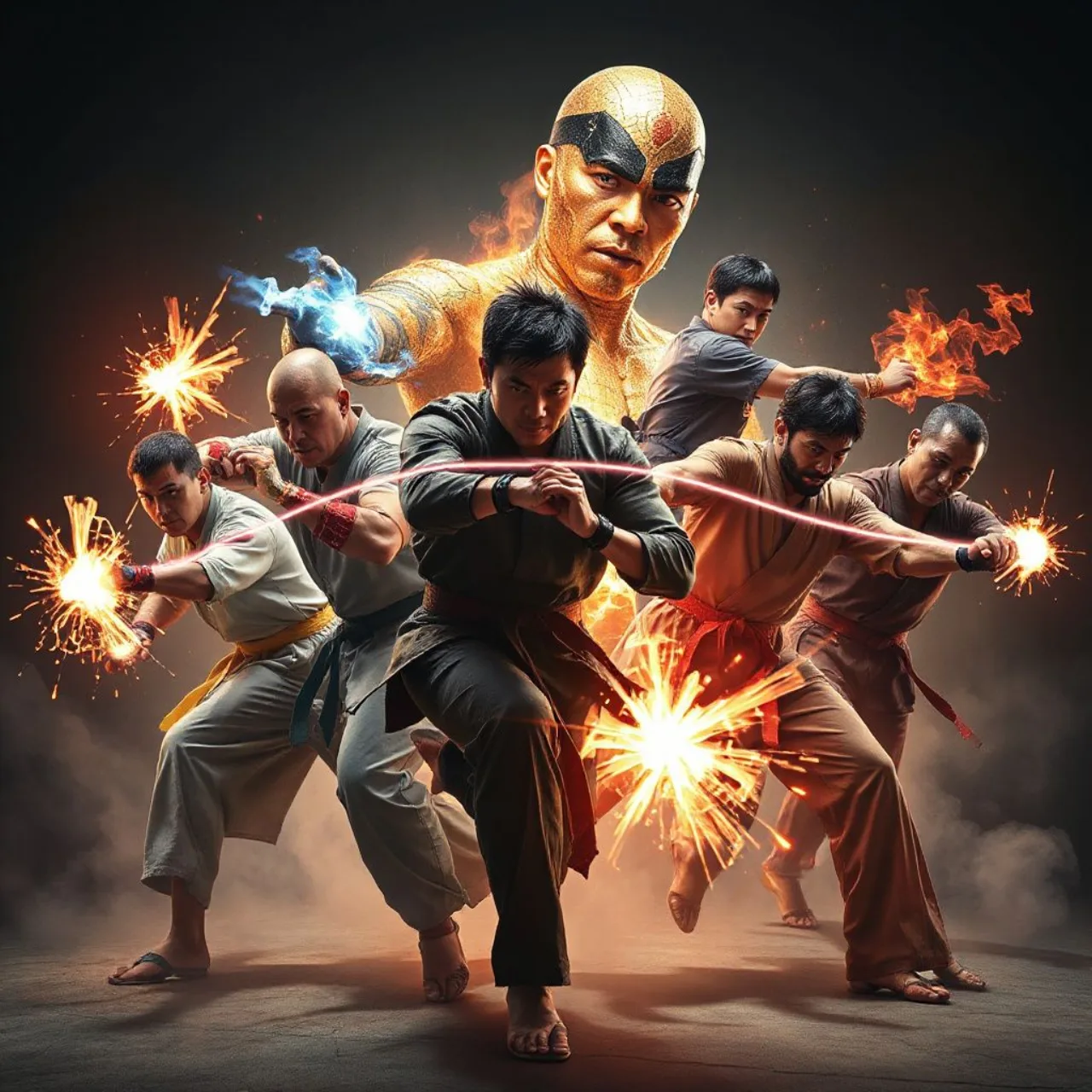 Wolverine, Mystique, Cyclops, Taskmaster e Shang‑Chi posam juntos, cercados por sombras e o logo da Marvel ao fundo