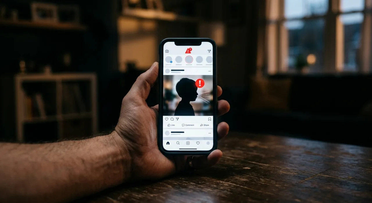 Tela de smartphone exibindo o logo do TikTok ao lado de ícones de alerta e silhueta de criança em fundo escuro