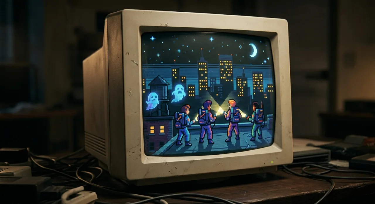 Tela do Ghostbusters II no Commodore Amiga, mostrando o logo dos Caça‑Fantasmas e o Ecto‑1 em gráficos originais