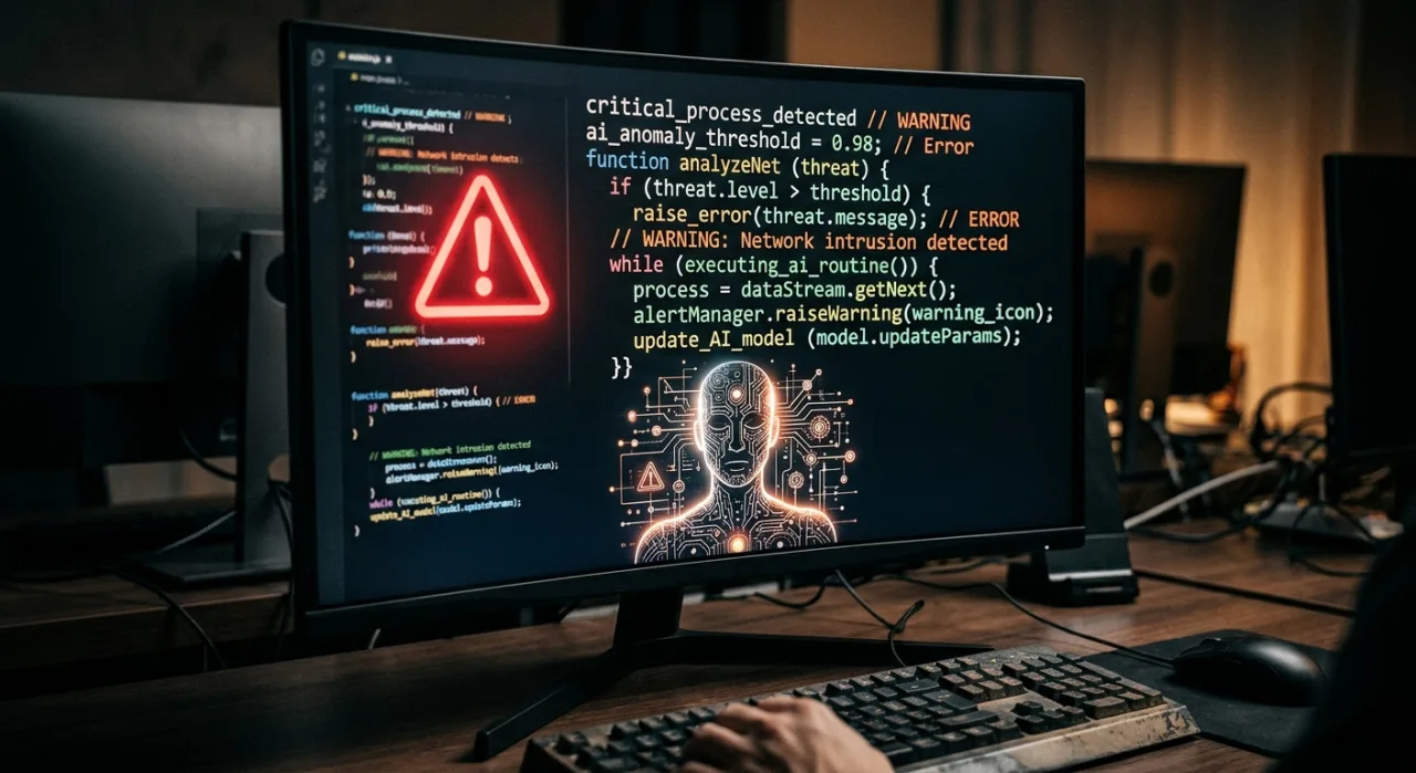 Robô futurista com logo da OpenAI ao lado de um terminal exibindo código e alerta vermelho de segurança