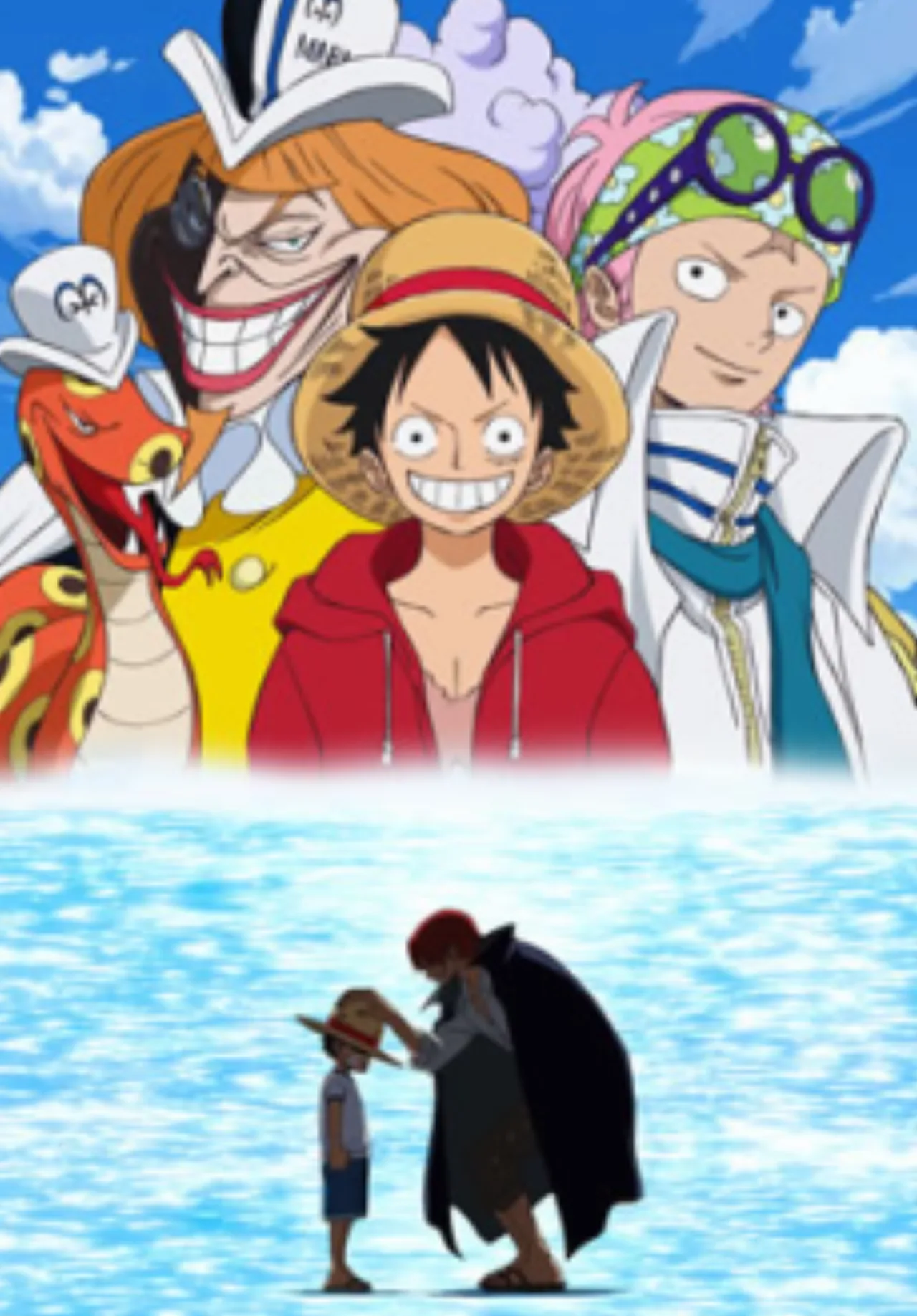 Jovem em camiseta de One Piece faz flexão, segurando o mangá aberto que revela o rosto de Joyboy
