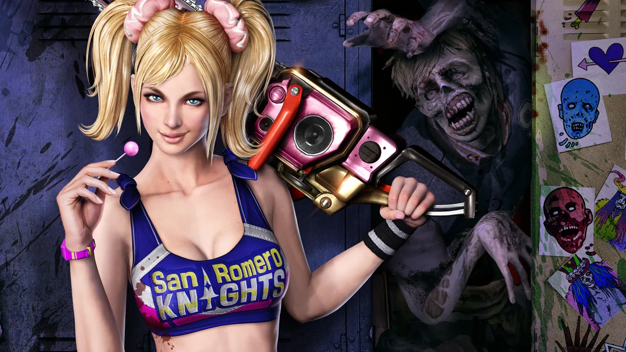 Jovem joga Lollipop Chainsaw no console enquanto corre na esteira, com garrafa d'água e smartwatch