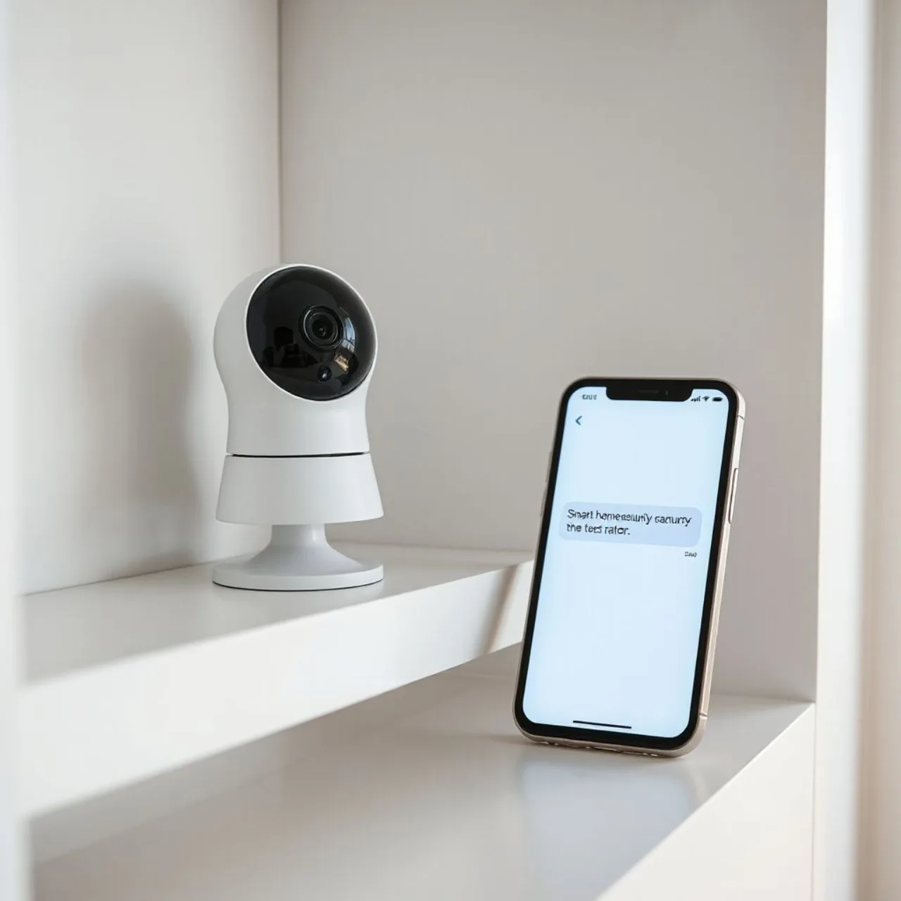 Câmera branca da Apple em mesa, ao lado de iPhone mostrando texto que descreve um movimento detectado