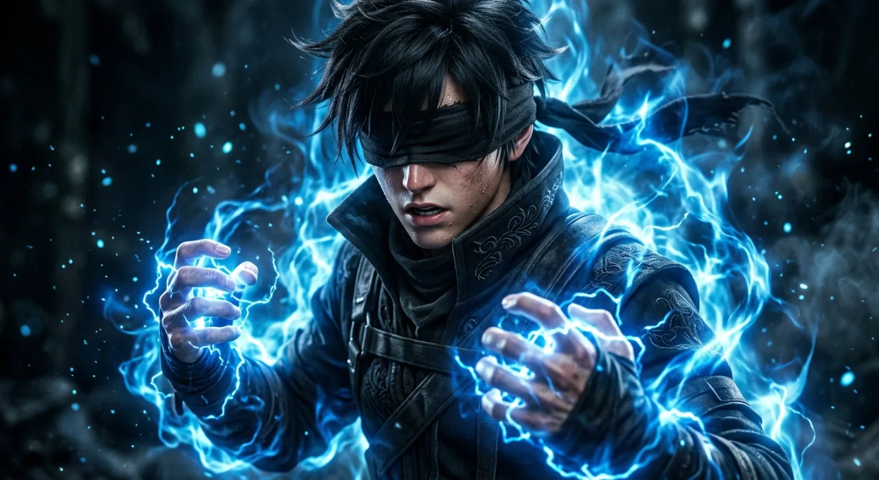 Satoru Gojo em pose de combate dinâmica com efeitos de energia azul e aura intensa ao fundo