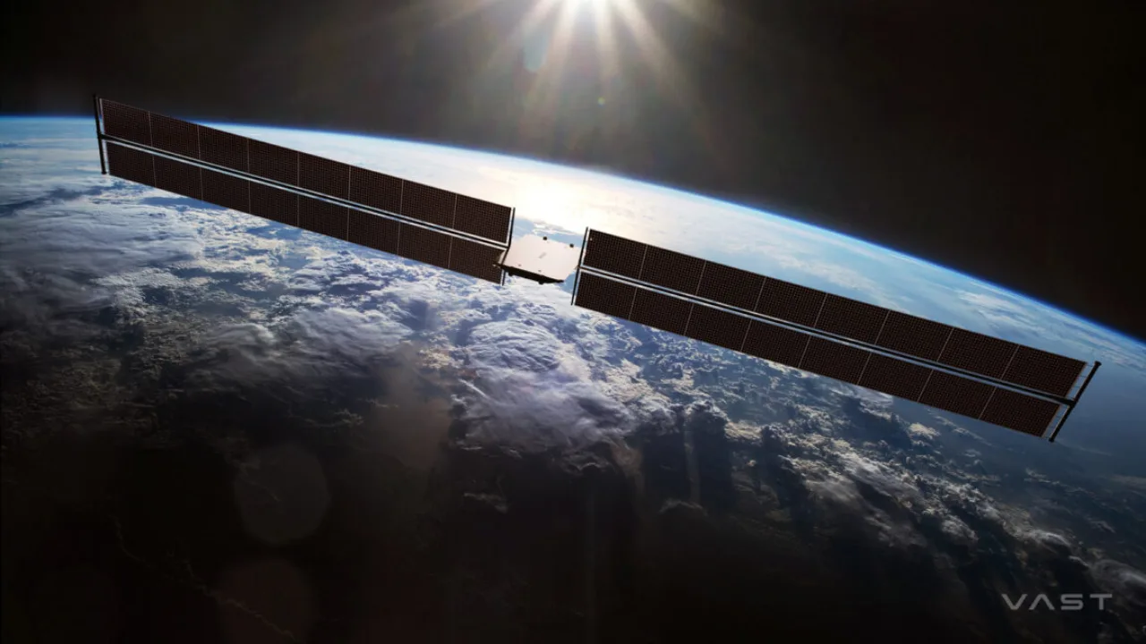 Engenheiros em um laboratório moderno montando componentes de um satélite de alta tecnologia com braços robóticos