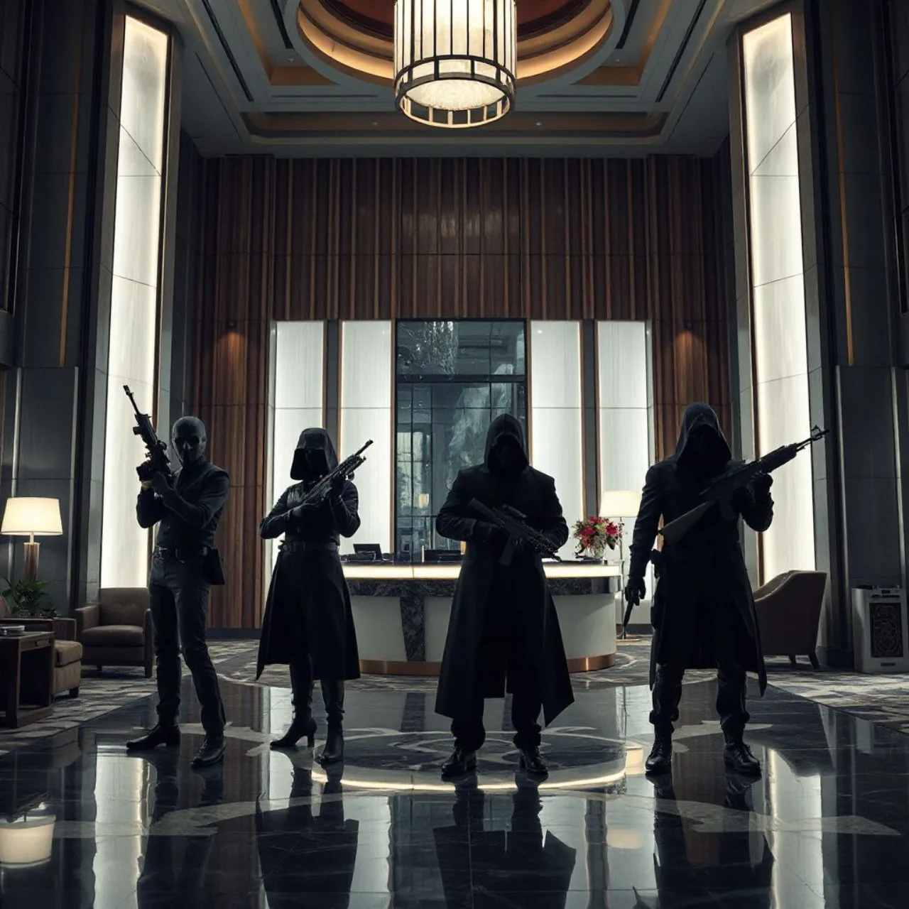 Jovem em roupa de treino neon, usando fones, faz agachamento ao lado de tela holográfica com o logo de Hotel Inhumans