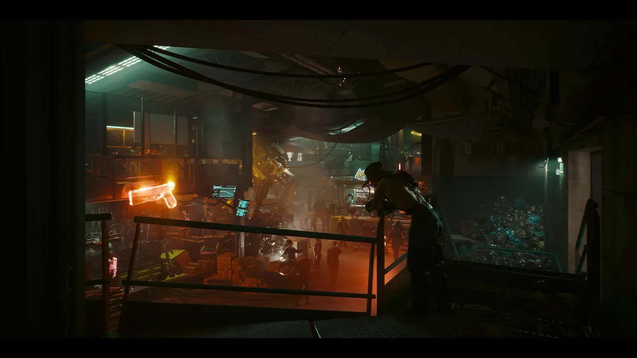 Jovem em traje neon faz agachamento com halteres enquanto joga Cyberpunk 2077 em tela holográfica