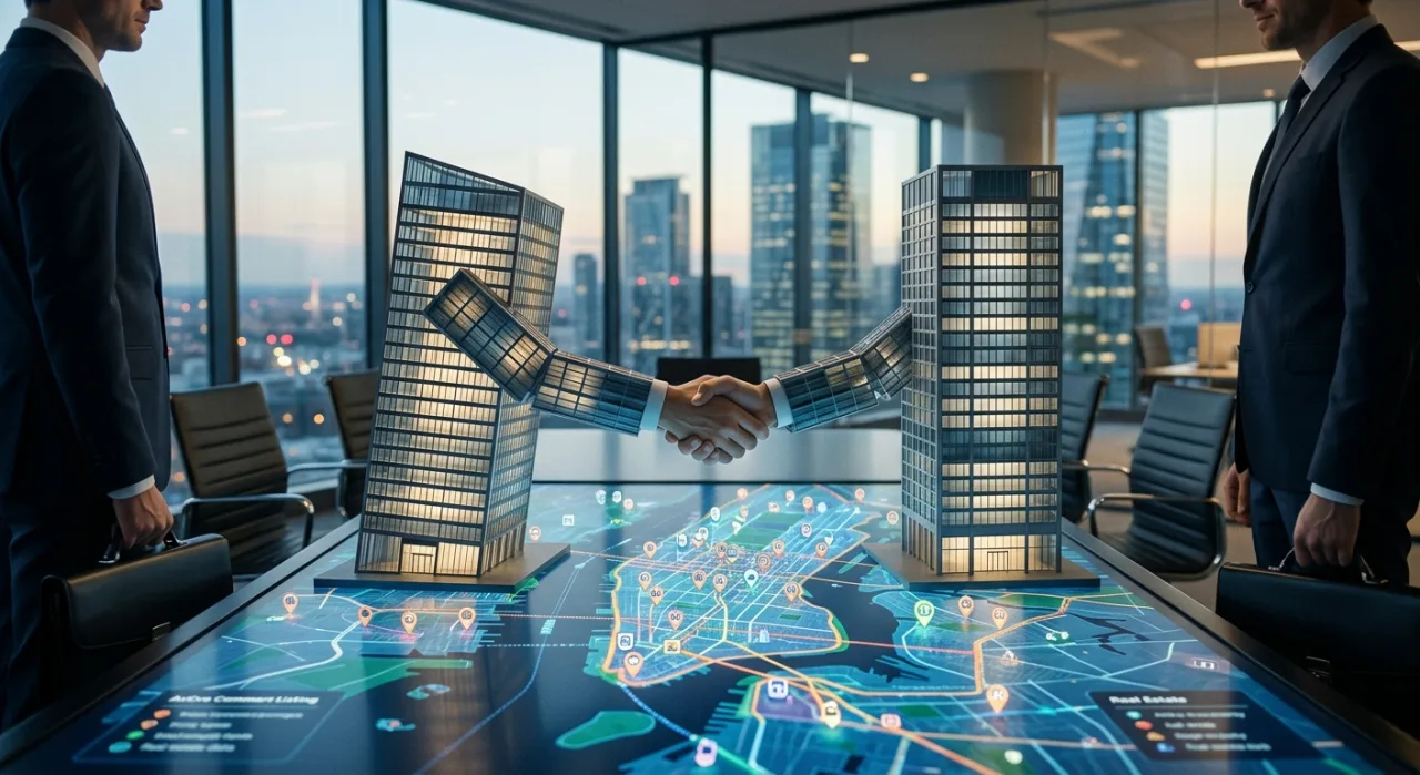 Logotipos da Zillow e Redfin ao lado de um martelo judicial, com casas e selo da FTC ao fundo