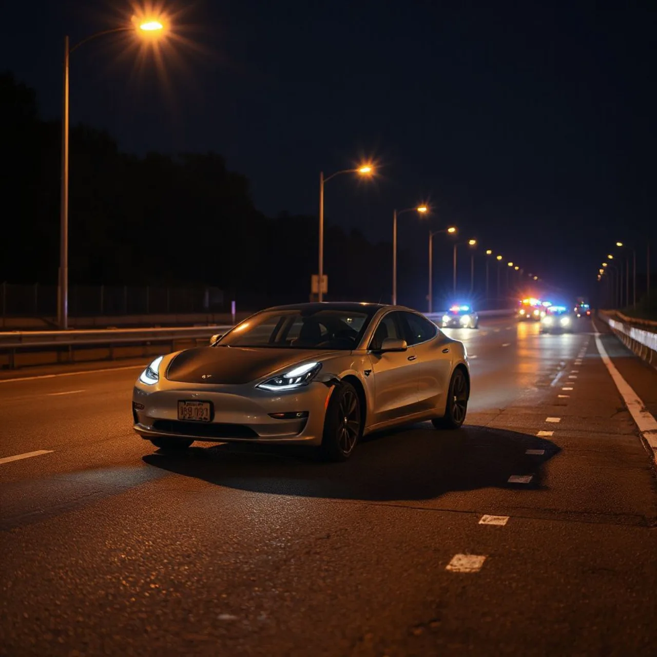 Tesla Model 3 em colisão com duas viaturas da CHP na rodovia, com luzes de emergência piscando ao fundo