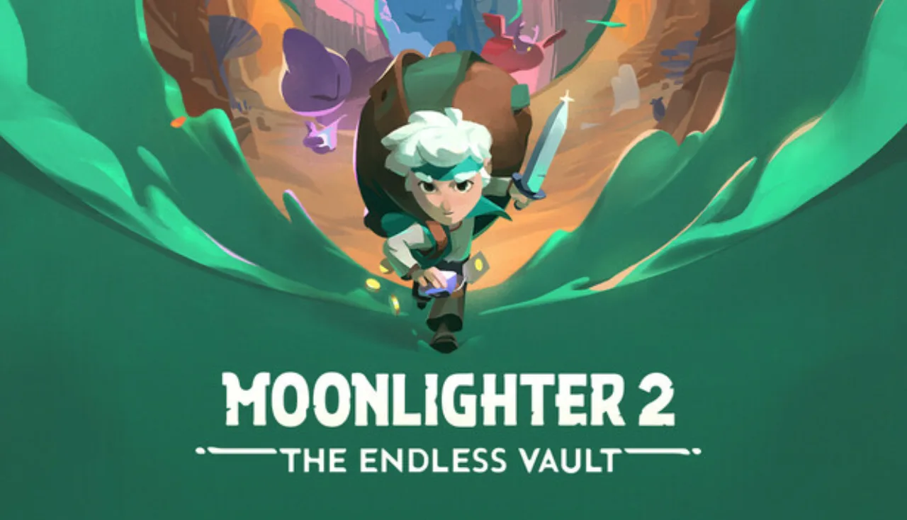 Personagem de Moonlighter segurando um pet gelatinoso ao lado de equipamentos de aventura em uma masmorra iluminada