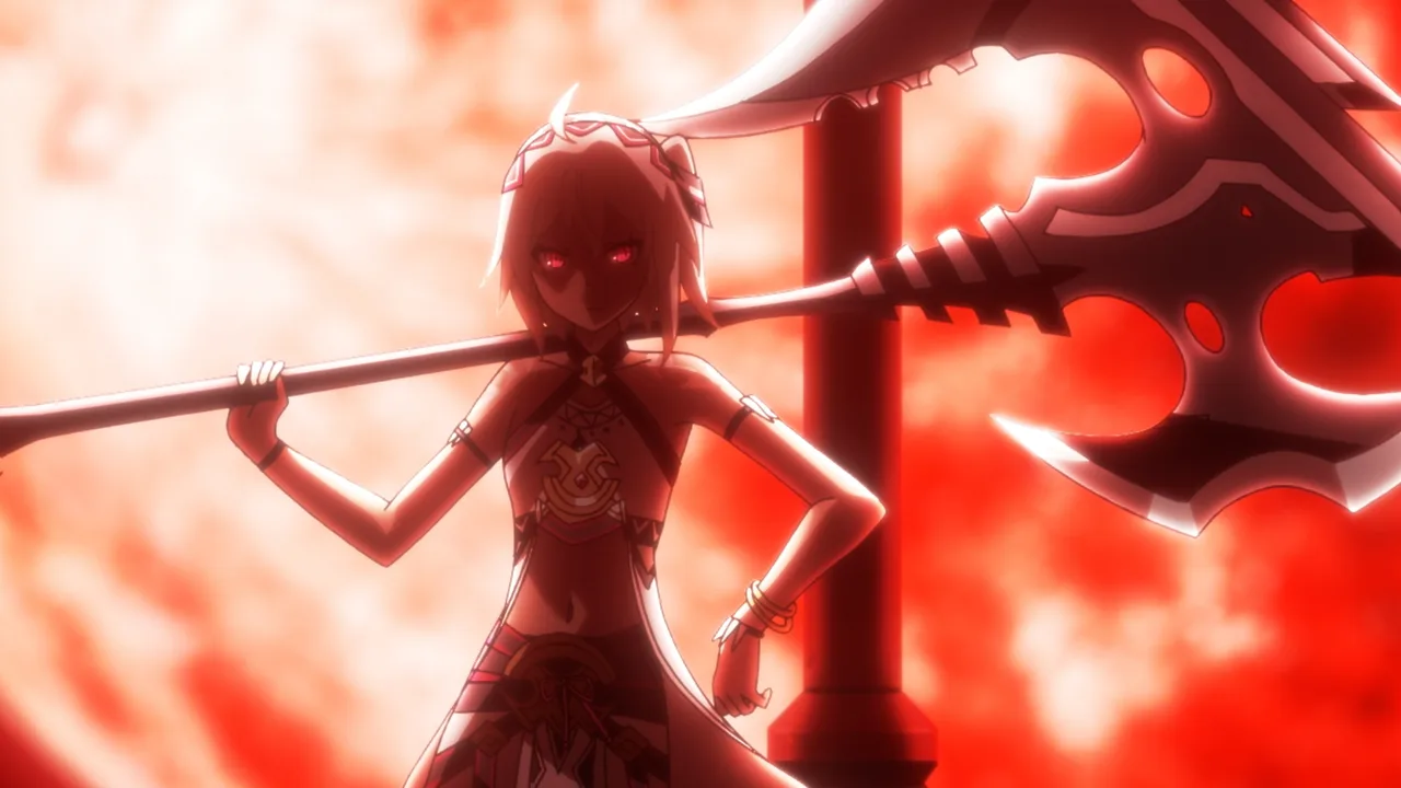 Silhueta com um machado gigante contra um céu vermelho em Berserk of Gluttony