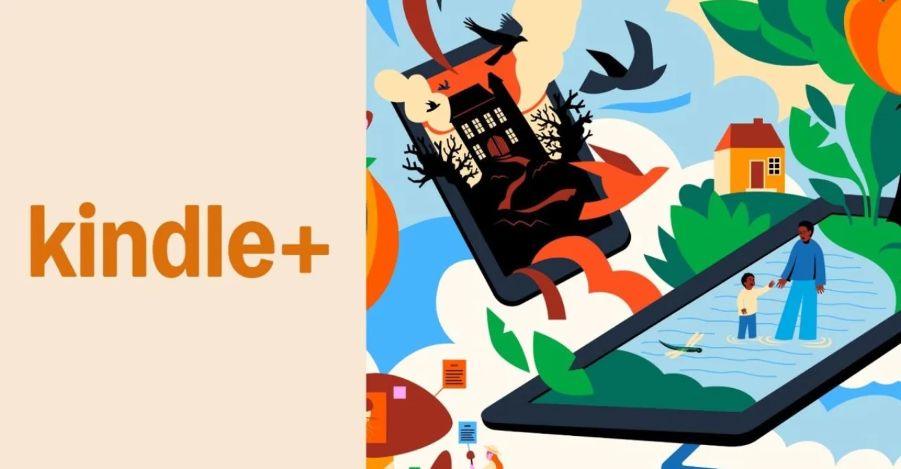 Tela de Kindle exibindo a nova marca Kindle Plus ao lado do logo da Amazon, com e‑books, quadrinhos e audiolivros