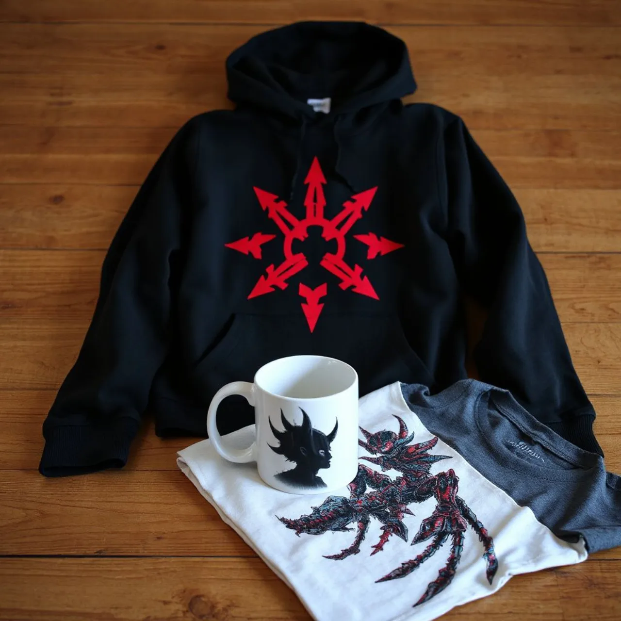 Shadow aparece ao lado de hoodie, camiseta e caneca da Sonic Club Chaos Collection, com o logo da Sega ao fundo