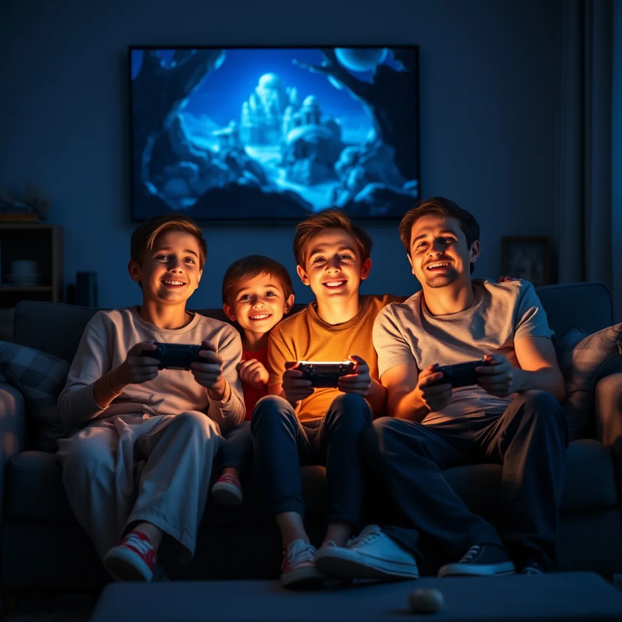 Família sentada no sofá, pai e filho jogando Blue Prince, rodeados de água, frutas e um tapete de yoga ao fundo