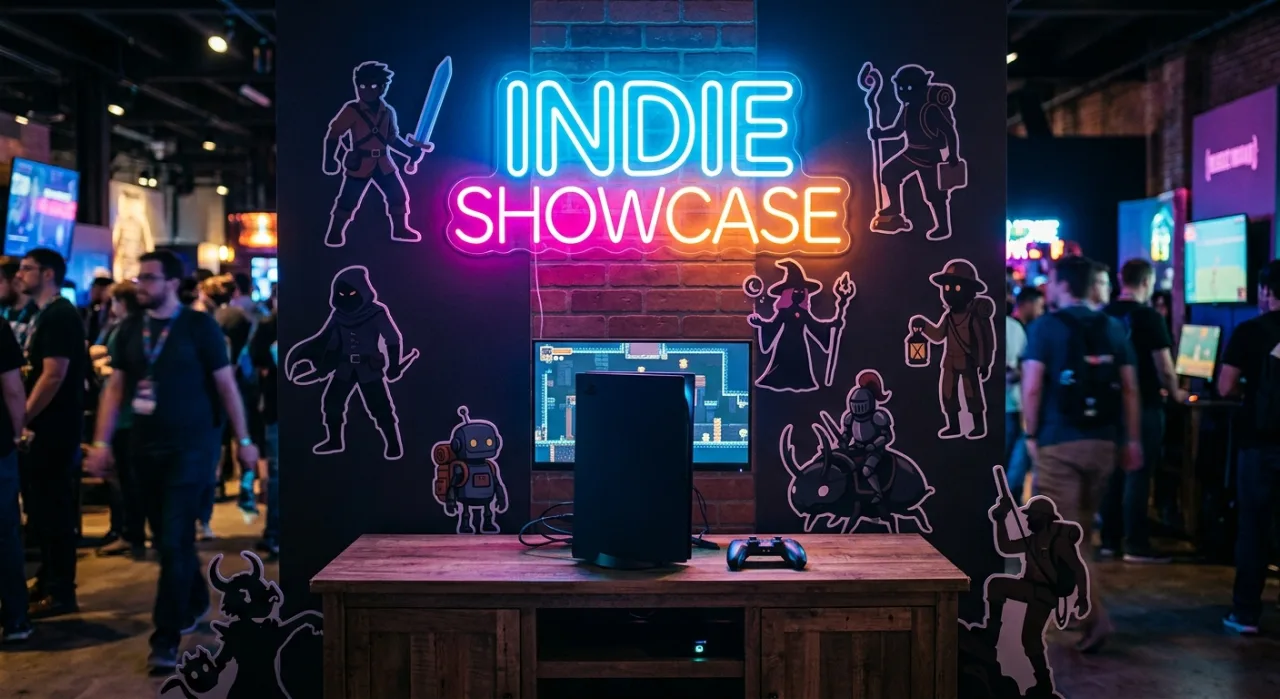 Logotipo da Xbox ao centro, rodeado por capas coloridas de 18 jogos indie e um controle Xbox sobre a mesa