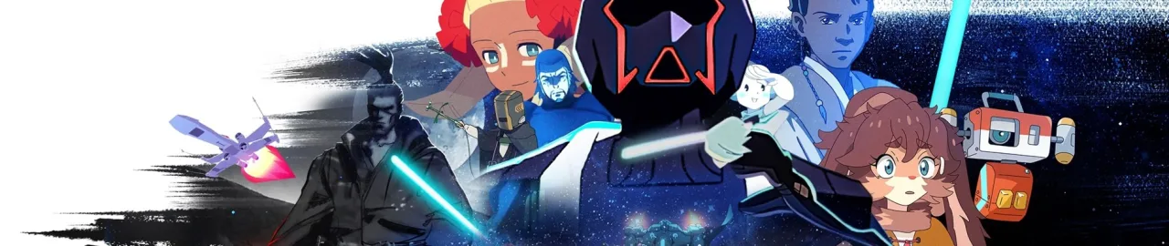 Jedi empunhando sabre de luz neon em pose de combate dinâmica com estética inspirada em animes de alta qualidade