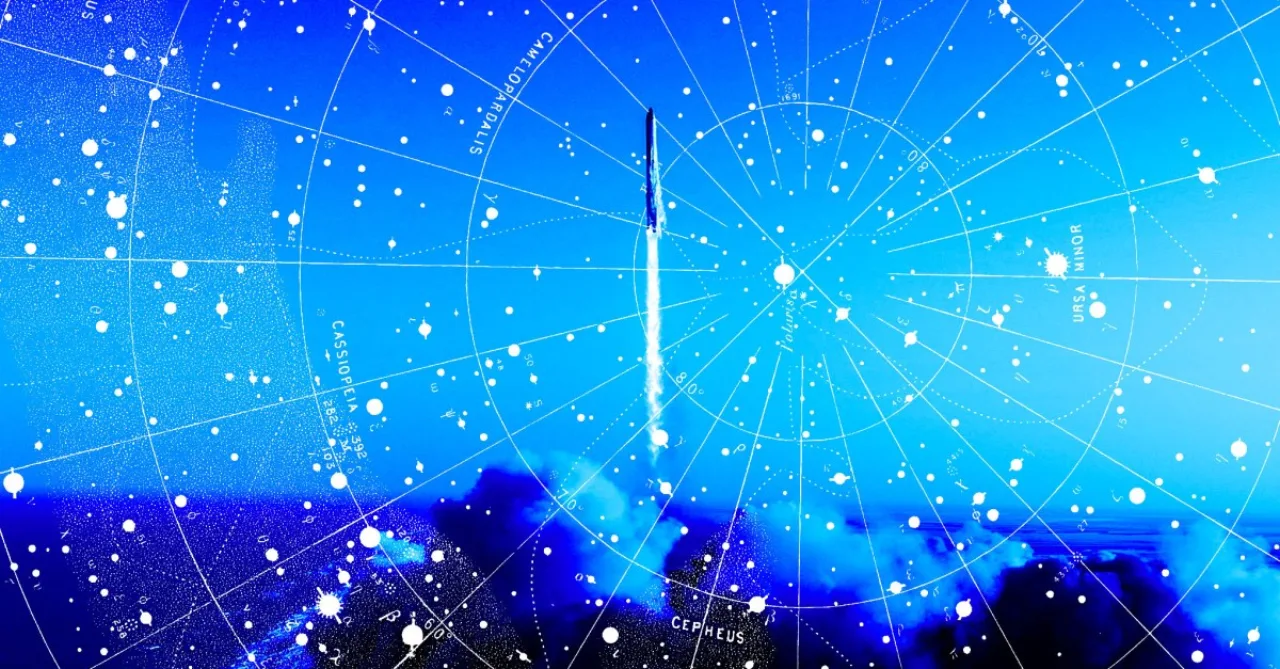 Starship da SpaceX no pad de lançamento, com logo da empresa e satélites Starlink V3, ao lado o logo da Amazon