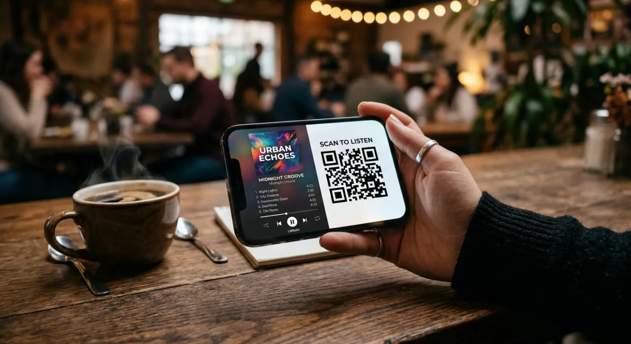 Tela de celular exibindo QR code ao lado do logo verde da Spotify, com ícones de família ao fundo
