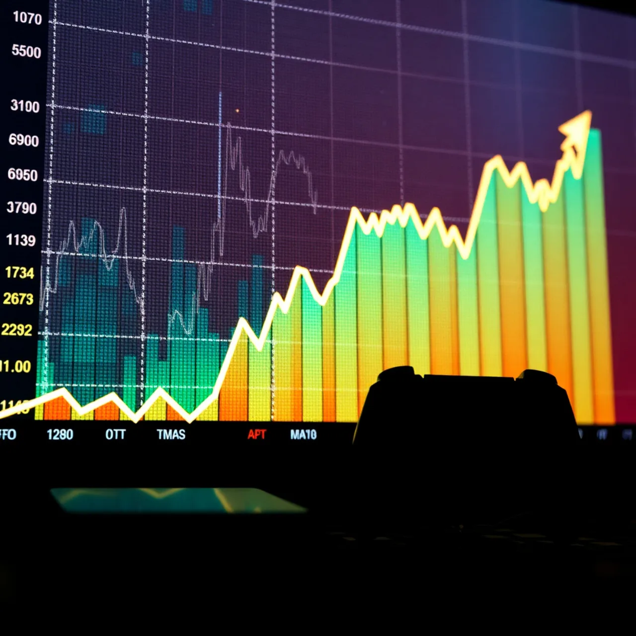Executivo analisando gráficos de ações enquanto segura um console PlayStation ao lado de um copo de água