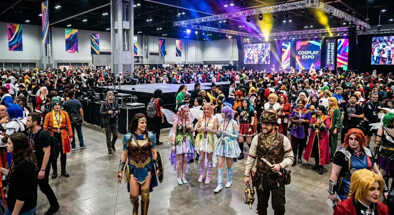 Banner da CosMeet 2026 com logo colorido e fundo da fachada do Okada Manila, ao lado de uma cosplayer em traje futurista