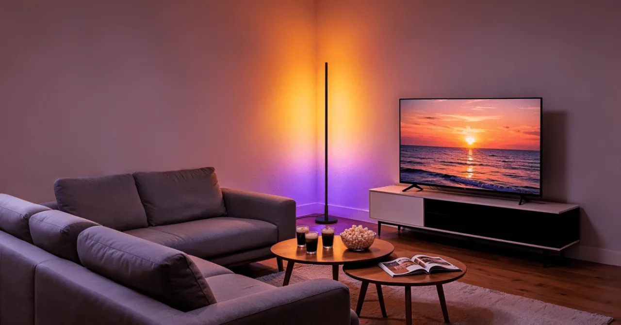 Jovem fazendo alongamento em tapete, iluminado por uma Floor Lamp T1 de design moderno, com smartphone ao lado