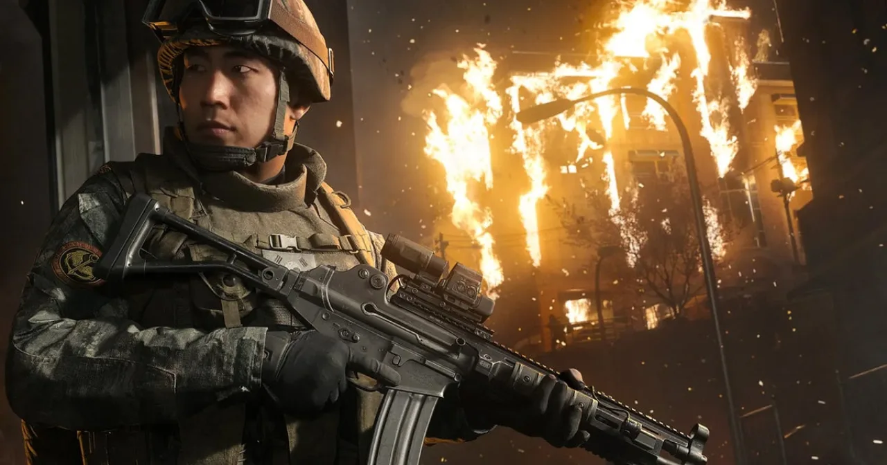 Testadores da Activision seguram cartazes de greve ao lado de um console e do logo de Call of Duty