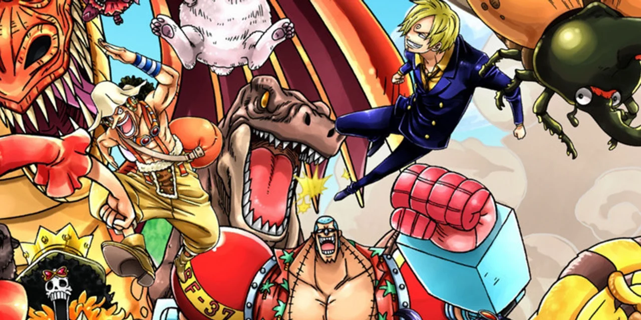 Jovem atleta de leggings, fones nos ouvidos, correndo numa pista ao nascer do sol, com pôster de One Piece ao fundo