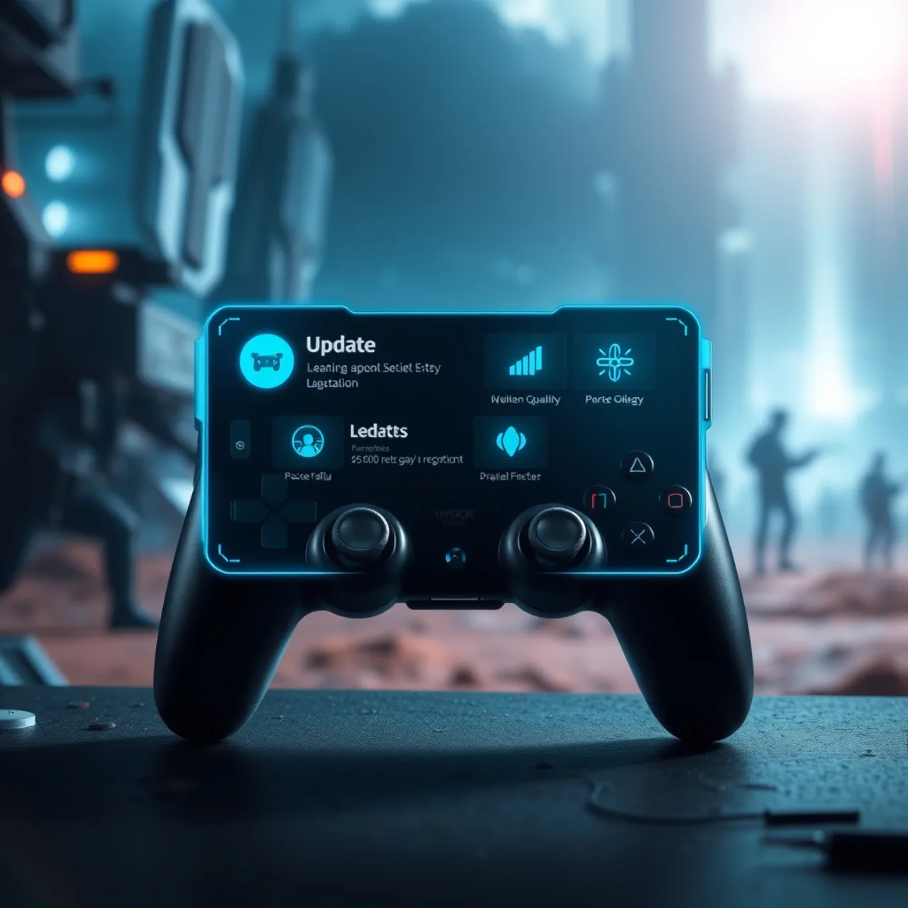 Um jogador concentrado, usando fone de ouvido e joystick, com a icônica máscara de Halo ao fundo em iluminação neon