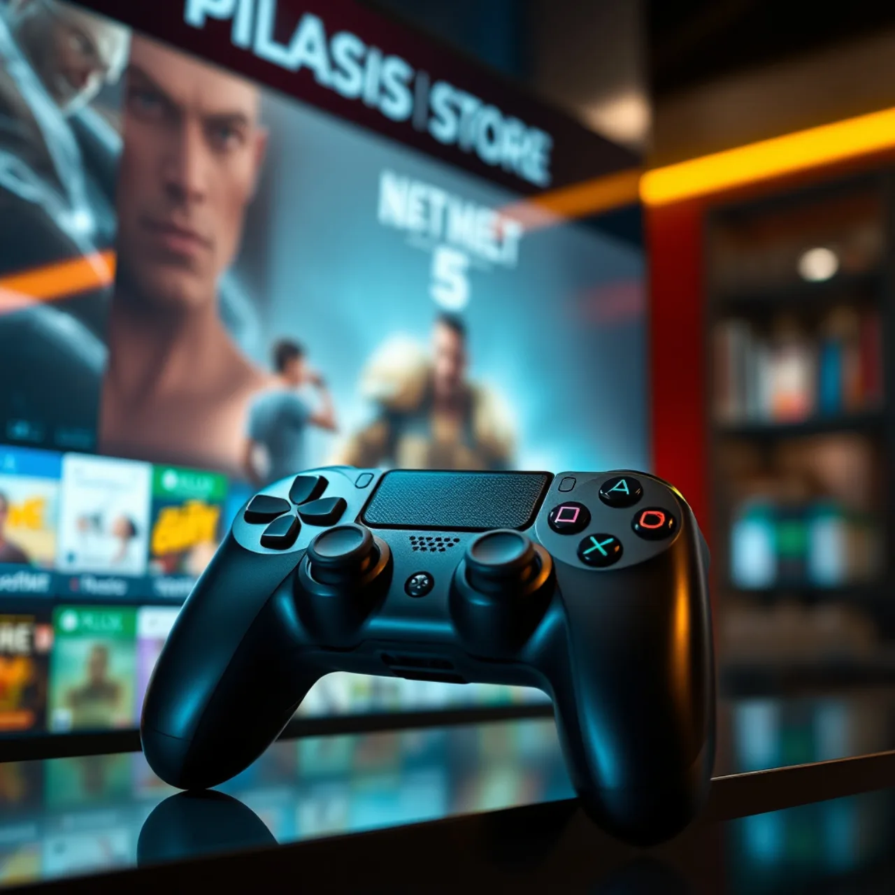 Um controlador de PS5 ao lado de halteres e uma garrafa de água, sugerindo pausa para exercício