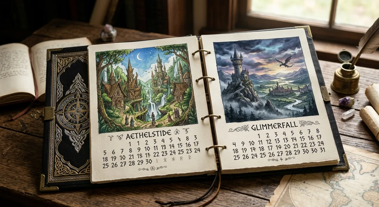 A primeira arte do calendário exibe personagens emblemáticos de Final Fantasy em um cenário comemorativo