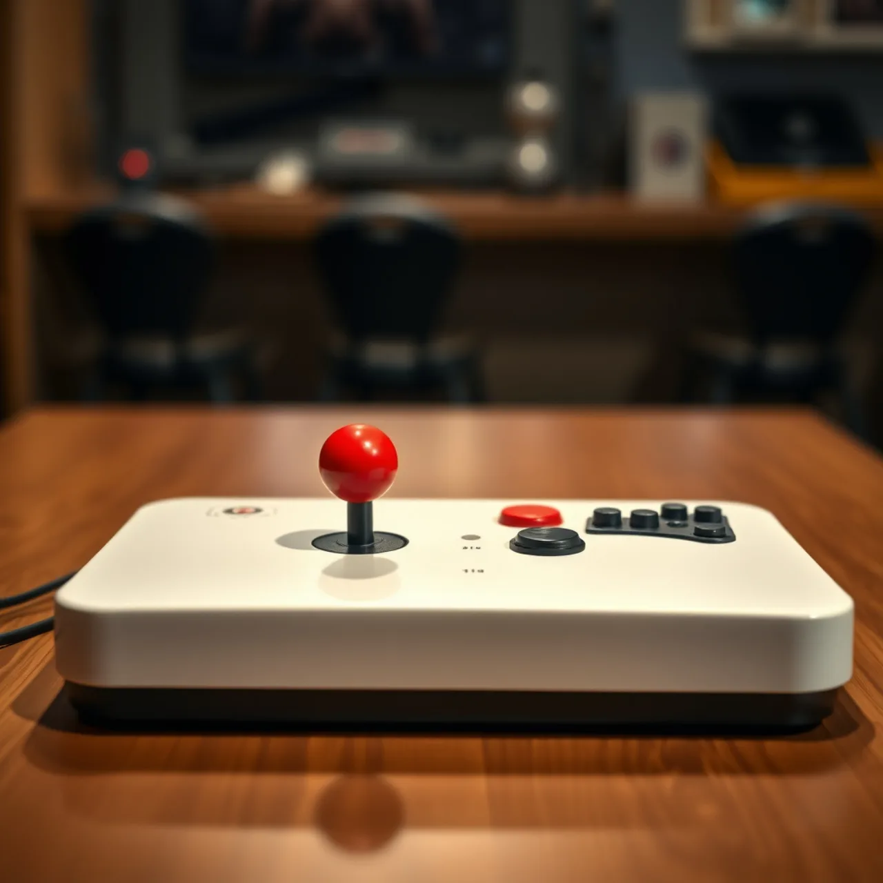 Um fightstick G01 da Punk Workshop conectado ao Switch, com luzes LED pulsando e um controle Hori ao lado