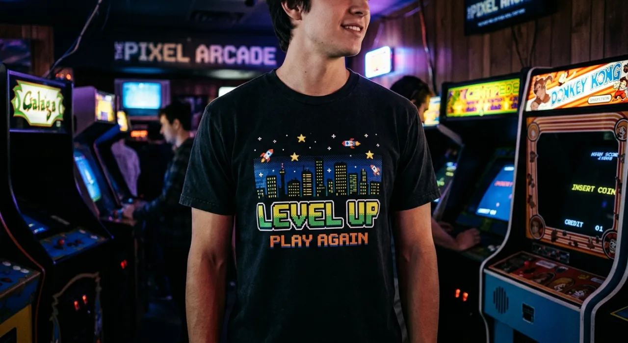 Camiseta branca com a frase pixelada “All Your Base Are Belong to Us” e detalhes estilo Mega Drive ao lado de um console