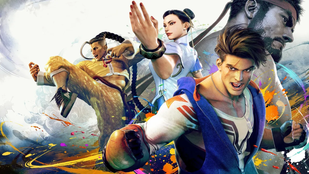 Avatar de Street Fighter 6 praticando exercícios em uma academia moderna com halteres e esteiras ao fundo