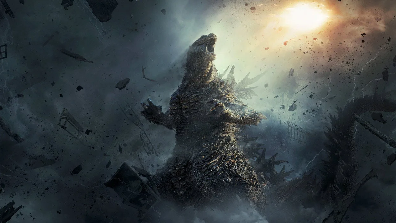 Atleta em esteira, suando, com tela ao fundo exibindo a silhueta de Godzilla e o cronômetro marcando 2h15