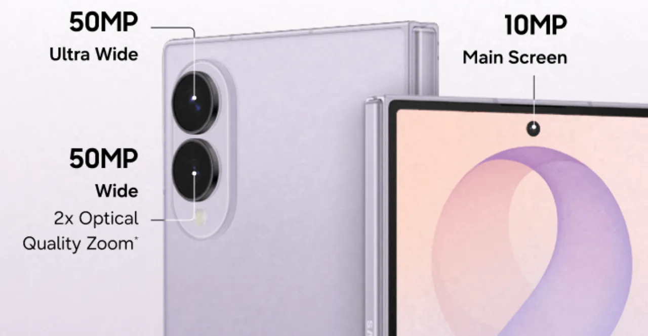 Galaxy Z Fold 8 aberto, exibindo tela ultra‑wide, com smartwatch e garrafa de água ao lado, sugerindo uso ativo