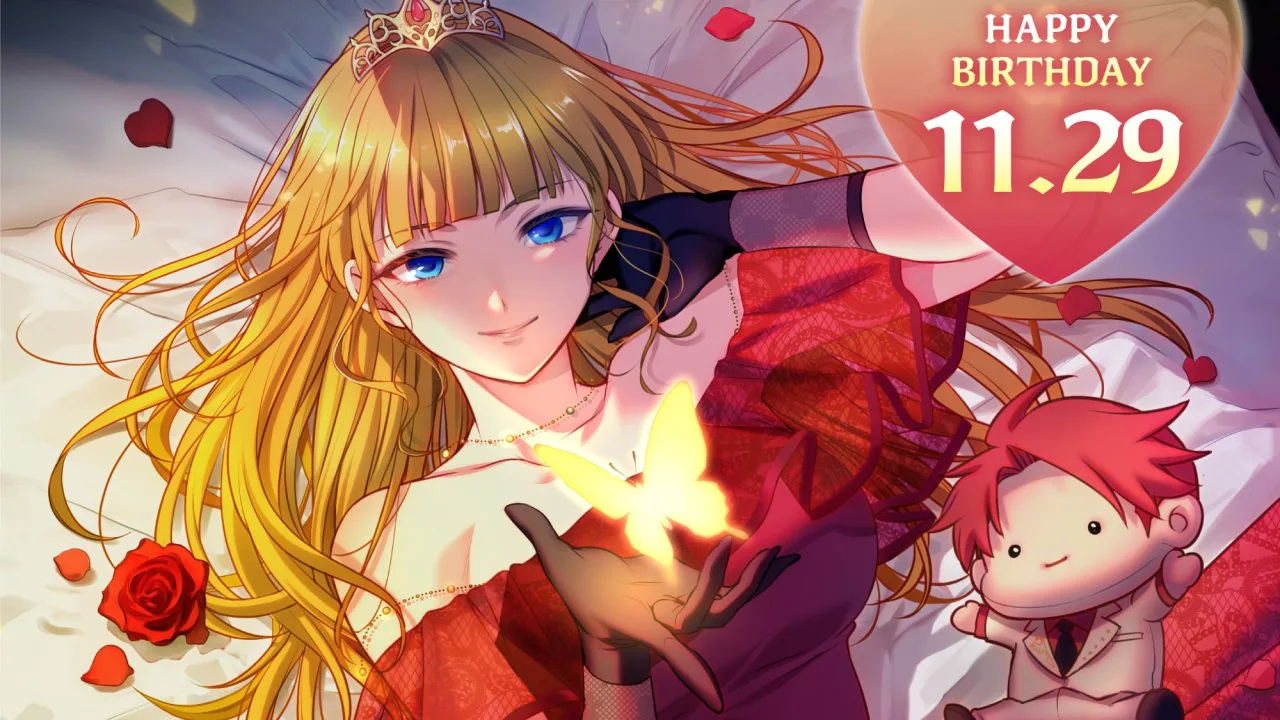 Beatrice, a bruxa de Umineko, aparece sorrindo ao lado de um bolo de aniversário em frente ao stand com seu logo