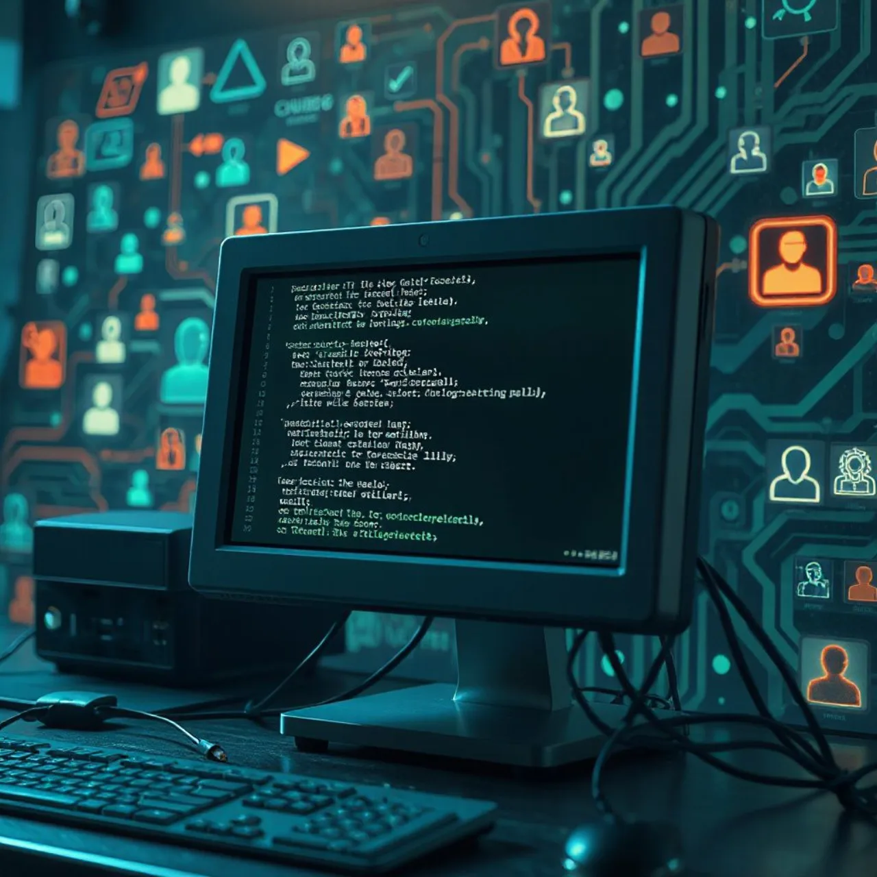 Logo da decomp.dev em tela de computador com ícone de IA e mensagem “Encerrando” sobre fundo escuro