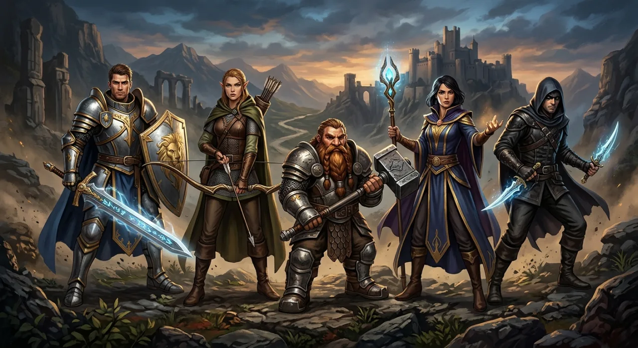 Warrior of Light, Firion, Cloud, Squall e Zidane aparecem juntos ao lado do logo de Final Fantasy Resonance