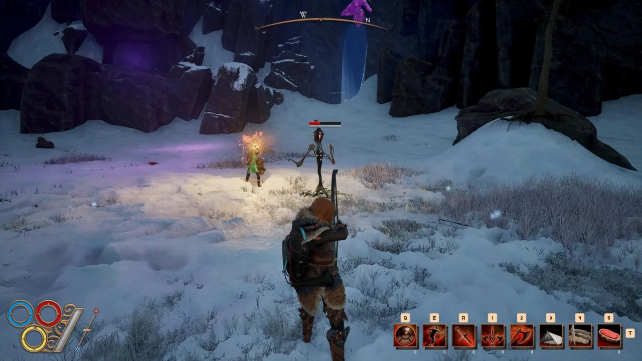 Personagem de RPG exausto segurando uma poção de cura e uma espada em um cenário de floresta sombria e desafiadora