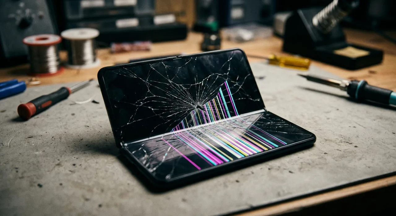 iPhone Duo com tela OLED exibindo linhas brilhantes horizontais sobre fundo preto