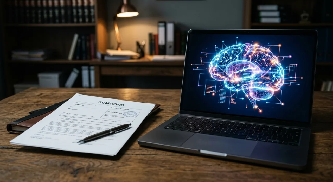 Um corredor em esteira segurando um laptop aberto, com gráficos de código ao fundo e garrafa de água ao lado