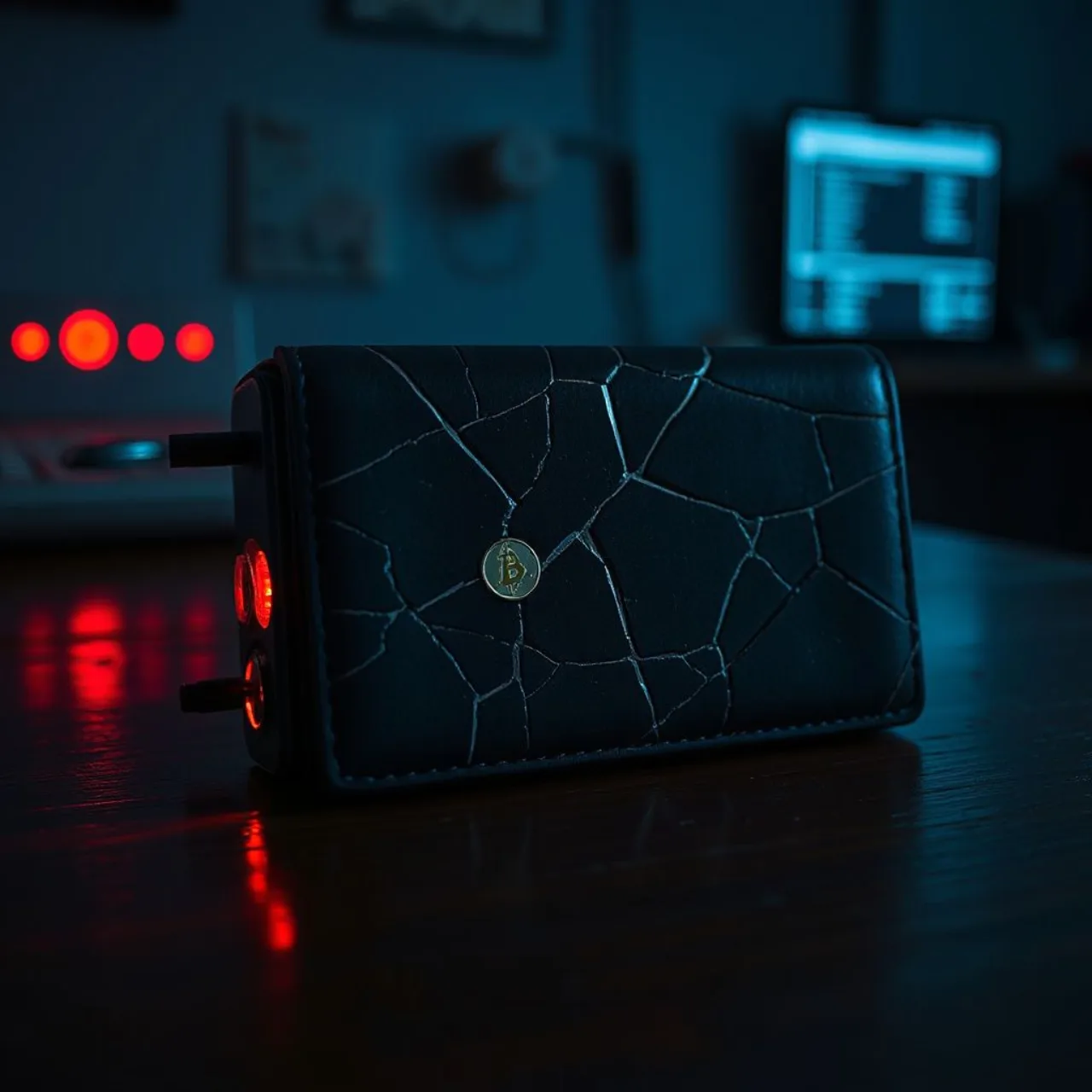 Ledger Nano X aberto ao lado de um cabo USB suspeito e um símbolo de alerta vermelho, sugerindo adulteração