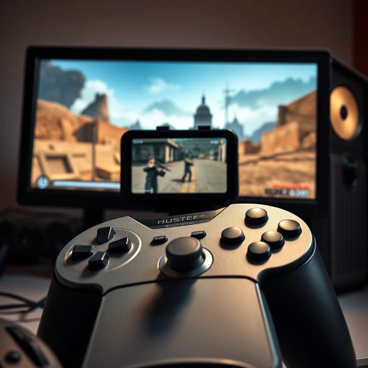 Um jovem em roupa de treino faz flexões segurando um controle Xbox, com a capa de Wolfenstein 3D ao fundo