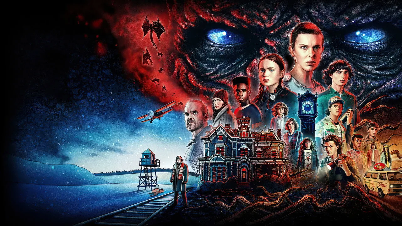 Jovem em roupa de academia corre na esteira, segurando garrafa d'água, com tela de Netflix mostrando Stranger Things
