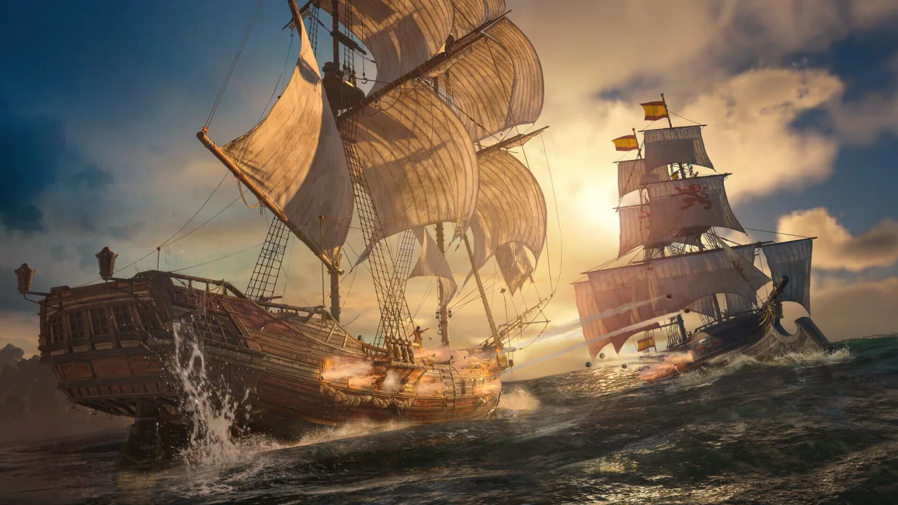 Console PS5 Pro ao lado de controle DualSense, tela 4K exibindo navio pirata de Assassin's Creed